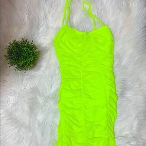 FN Neon Yellow Strappy Ruched Bodycon Midi Dress
